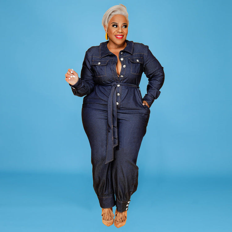 Plus Size Women's Blue Denim Jean Jumpsuit
