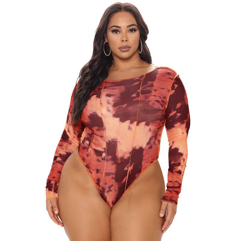 Women's Swimwear Round Neck Print Long Sleeves Plus Size Swimsuit - Clothing Personality