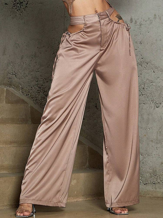 Hollow Out Waist Buckle Female High Waist Straight Pants Trousers - Clothing Personality