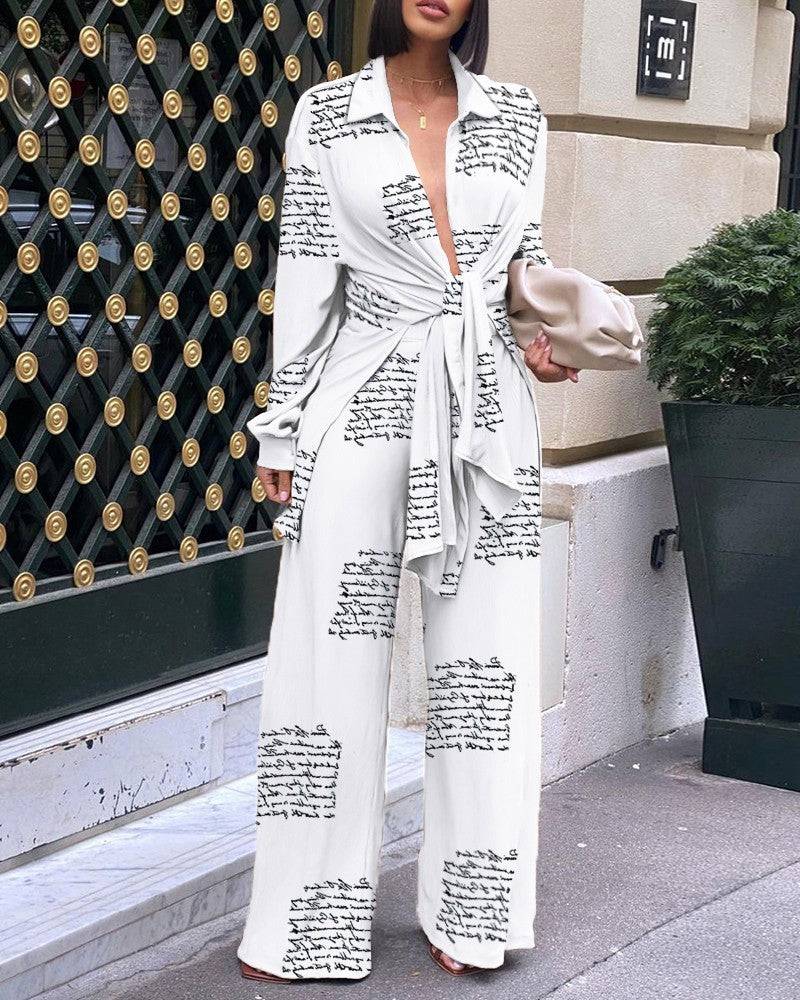 New Women's Print Blouse And Wide Leg Pants Suit - Clothing Personality