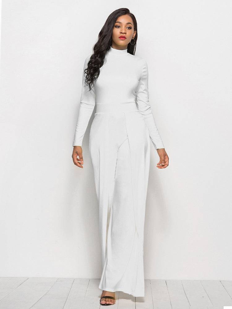 Fashion Round Neck Long Sleeve Wide Leg Jumpsuit - Clothing Personality