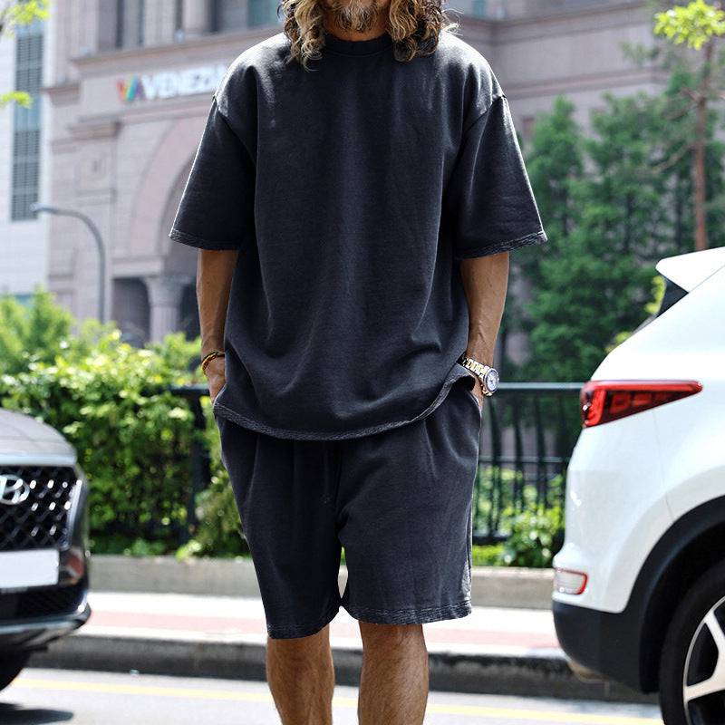 2pcs Loose Sports Shorts Set Suits Summer Round Neck Short Sleeve T-shirt And Drawstring Pockets Shorts Casual Solid Color Set Mens Clothing - Clothing Personality