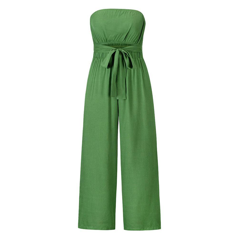 Women's New Tube Top Off-Shoulder Sleeveless Belted Cut Out Waist Loose Fit Pants Casual Fashion Jumpsuit - Clothing Personality