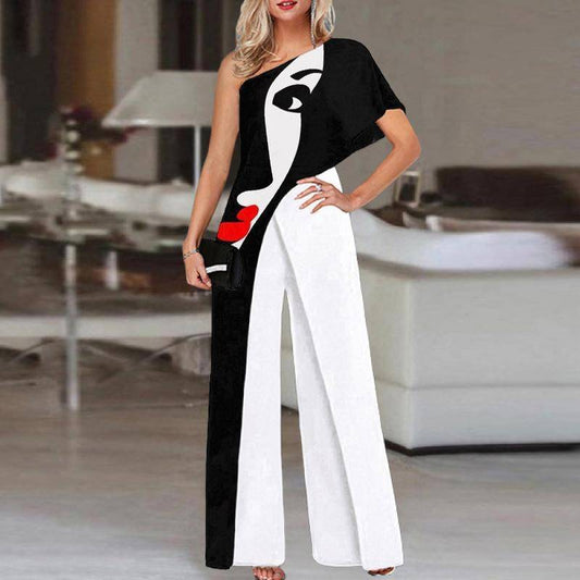 Women's Off Shoulder Printed One-Shoulder Short Sleeve Casual Wide Leg Pants - Clothing Personality