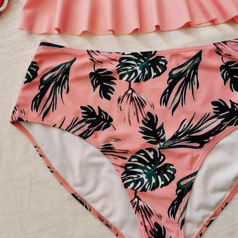 Swimsuit Women's Triangle High Waist Printed Solid Color Tankini Swimsuit - Clothing Personality