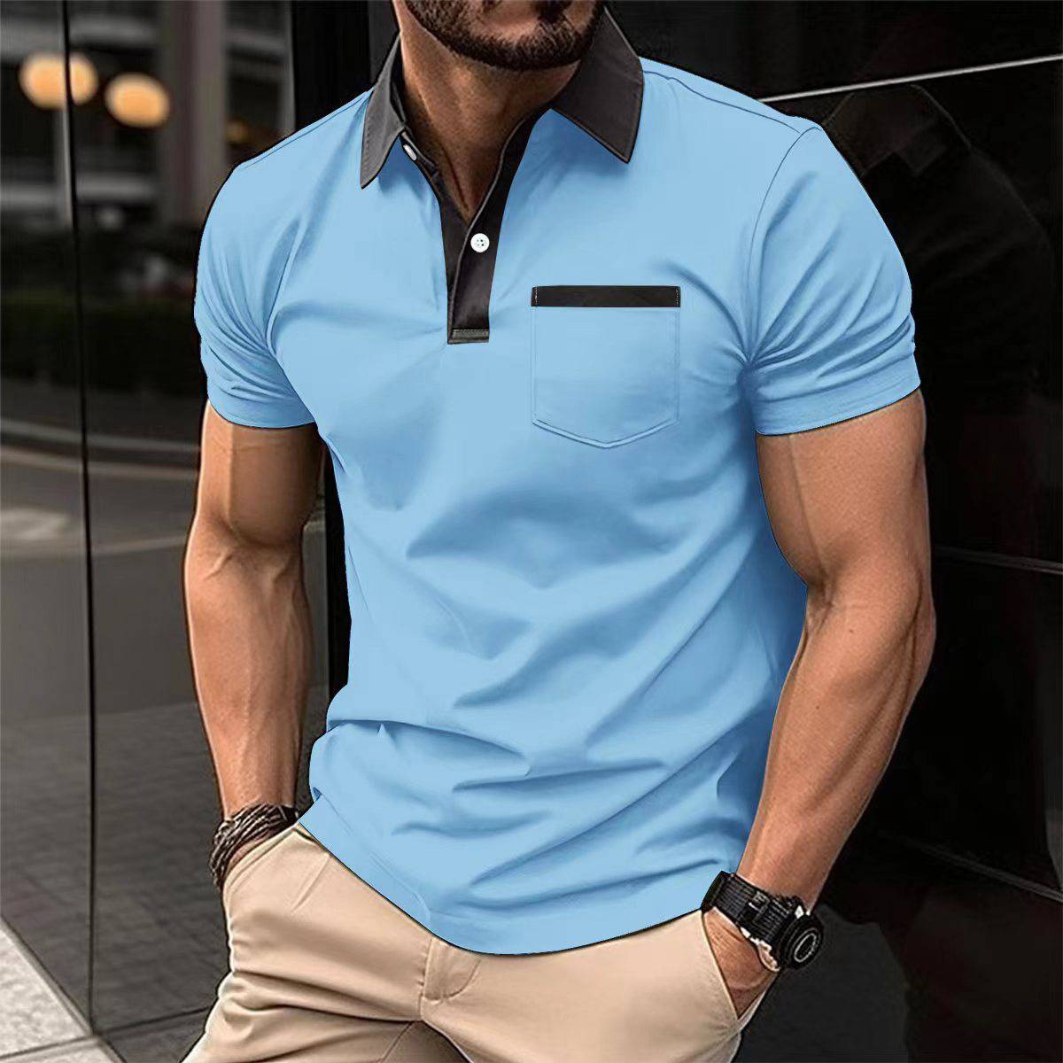 Men's Lapel Fashion Slim Pocket Short-sleeved T-shirt Polo Shirt - Clothing Personality