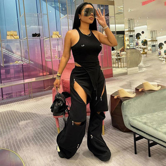 Fashionable Multi-Zipper Pocket Hollow Out Loose Fit Pants Trousers For Women - Clothing Personality