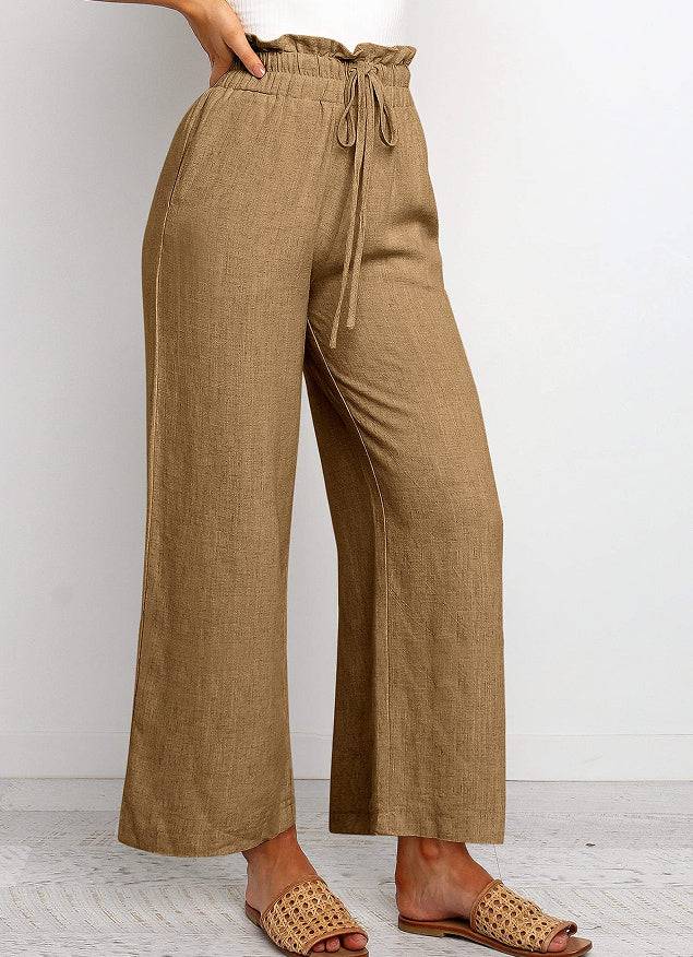 Elastic Waistband Lace-up Wide Leg Pants Solid Color Cropped Pants - Clothing Personality