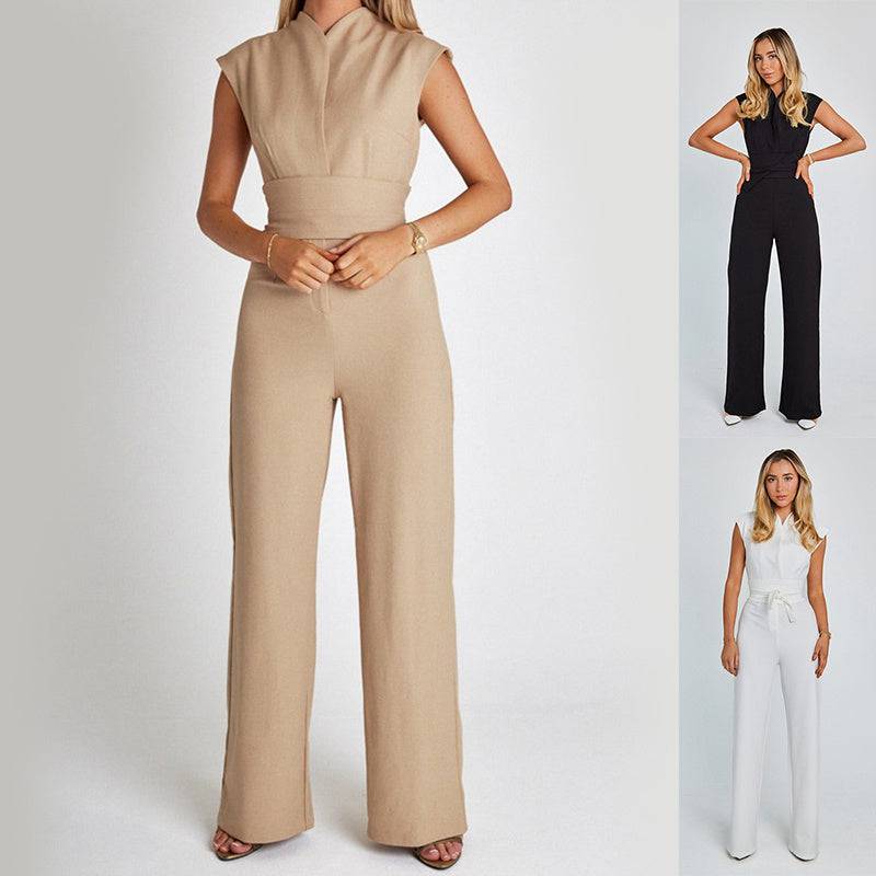 Fashion Elegant Long Sleeveless Jumpsuit Summer V-neck Casual Wide Leg Long Overalls Clothing For Women - Clothing Personality