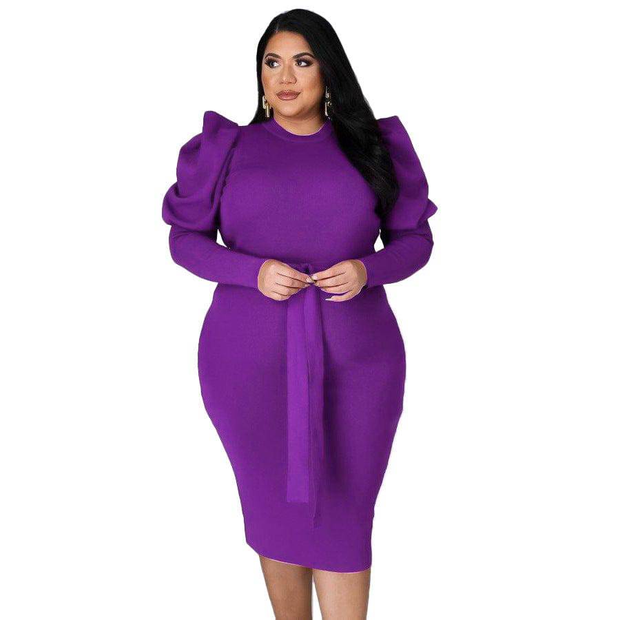 Women's Long Sleeve Belt Slim Fit Plus Size Dress - Clothing Personality