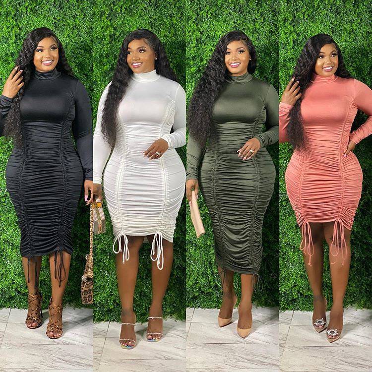 Plus Size Women's Drawstring High Neck Long Sleeve Dress - Clothing Personality