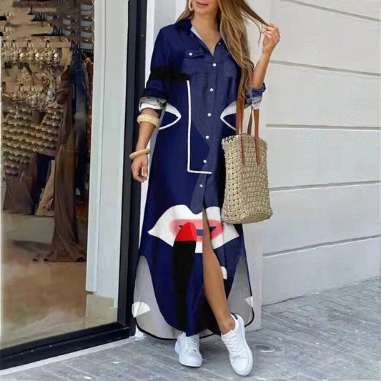 Womens Fashion Long Sleeve Printed Long Dress - Clothing Personality