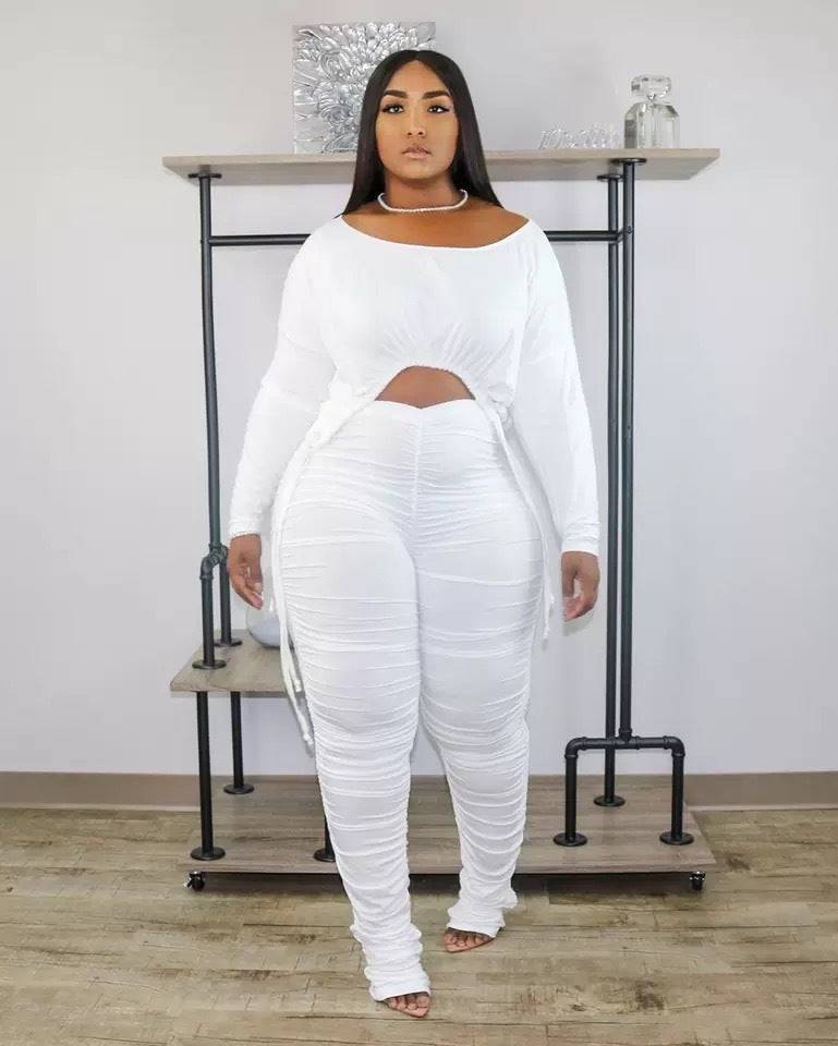 Women's Plus Size Round Neck Pleated Drawstring Long Sleeve Trousers Suit - Clothing Personality