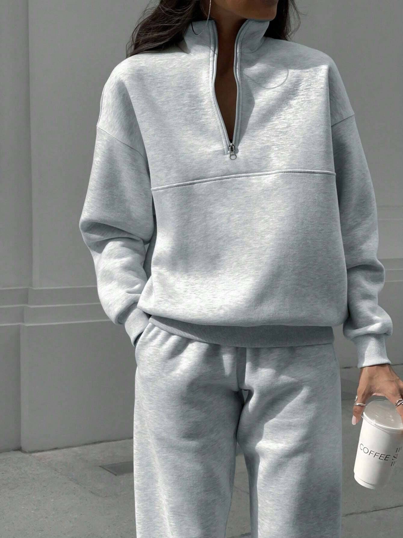 Zipper And Lapel Solid Color Casual Two-piece Suit - Clothing Personality