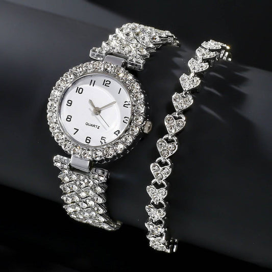 Fashion Jewelry 2pcs Luxury Fashion Women Watch Set Silver Strap Ladies Quartz Wristwatch Alloy Bracelet For Ladies Jewelry Set Clock Gift - Clothing Personality