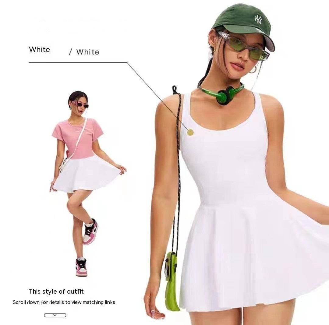 Outdoor Sports Tennis Skirt Slim Fit Anti-exposure Shorts One-piece Dress Fishnet Beauty Back Fitness Sportswear For Women - Clothing Personality