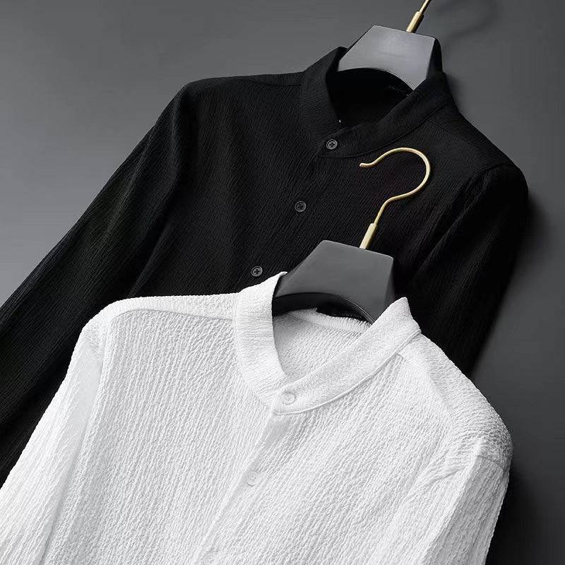 Casual Light Thin Suit Men's Summer Striped Pleated Stand Collar Men's Shirt Geometric - Clothing Personality