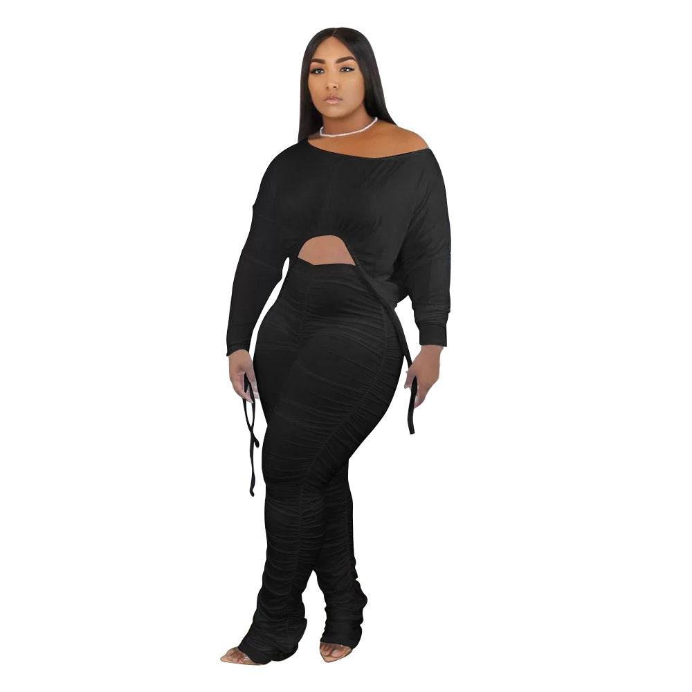 Women's Plus Size Round Neck Pleated Drawstring Long Sleeve Trousers Suit - Clothing Personality