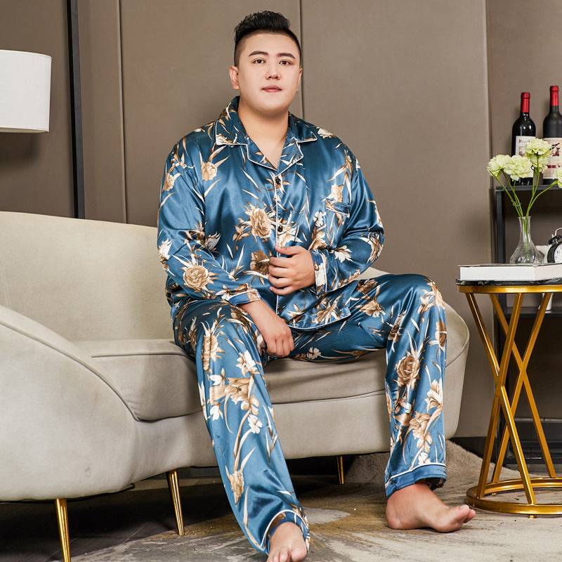 Men's Striped Flower Big and Tall Plus Size Men's Pajamas Extra Ice Silk Solid Color - Clothing Personality