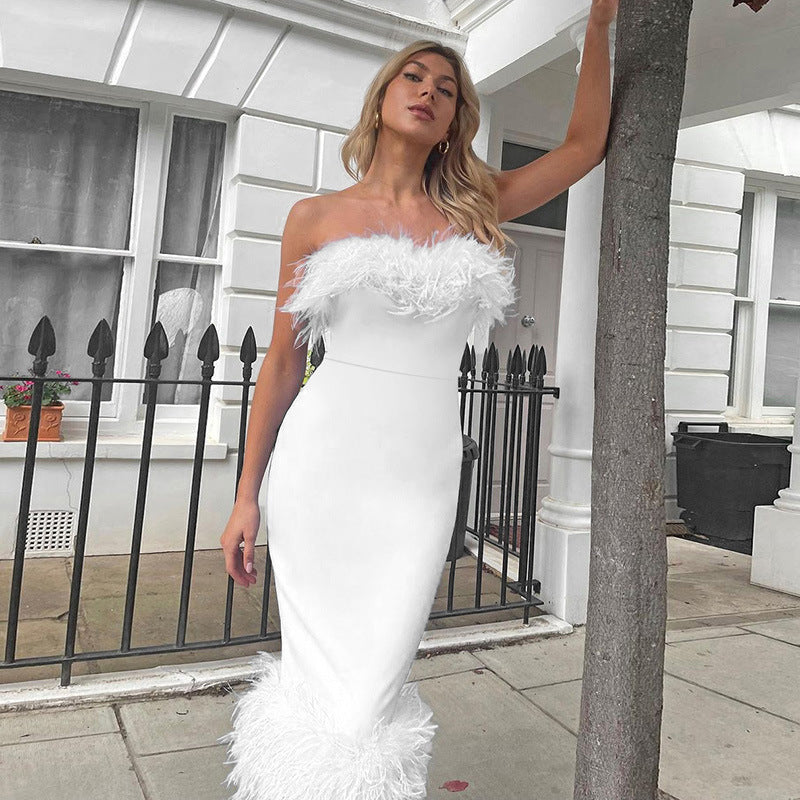 Women's Feminine White Sleeveless Off-Shoulder Feather Pencil Bodycon Maxi Dress White - Clothing Personality