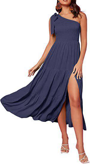 New Summer Fashion Women's One-shoulder Pleated Layered Hem Split Dress - Clothing Personality