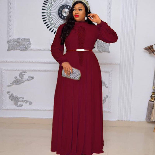 Solid Color Plus Size Long Sleeve Big Hem Chiffon Dress - Clothing Personality