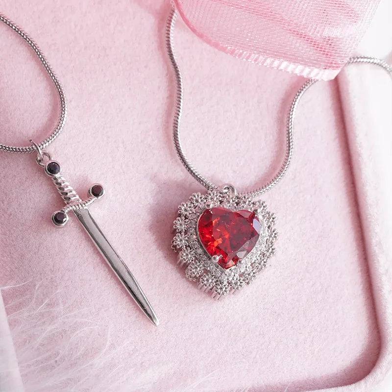 Gothic Punk One Arrow Through The Heart Creative Two Color Couple Necklace Red Rhinestone Heart Dagger Necklace Good Friend Gift Fashion Jewelry - Clothing Personality