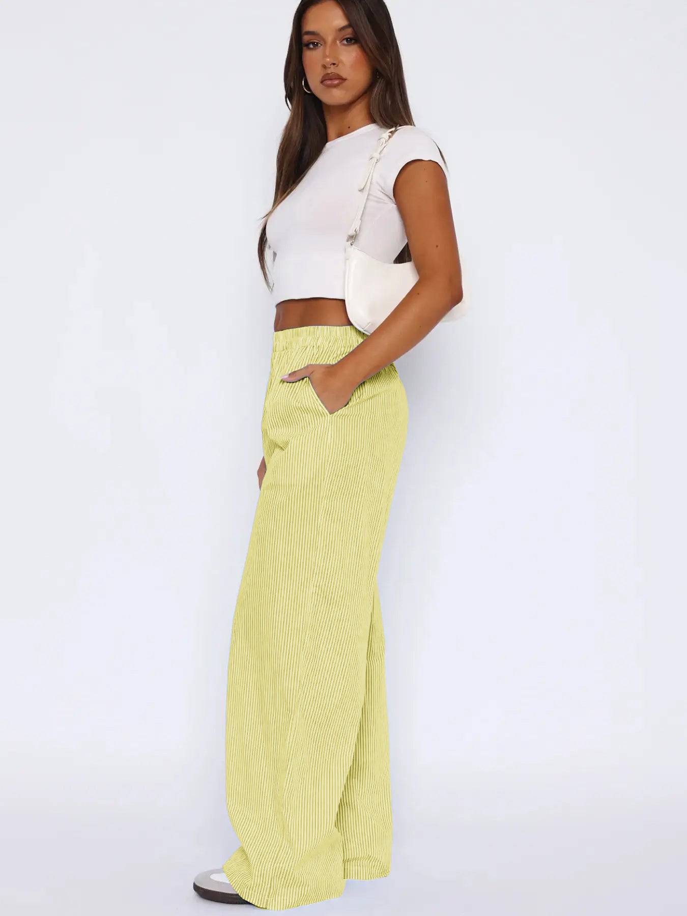 Women's Fashion Casual Striped Pants Trousers Striped Printed Wide Leg Trousers - Clothing Personality