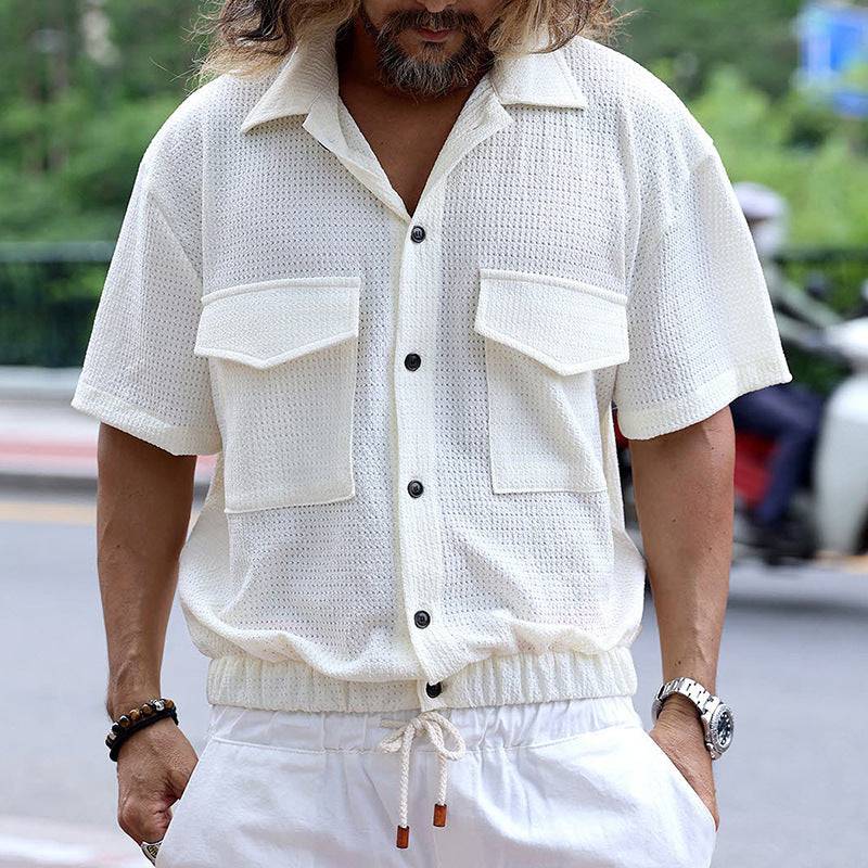Men's Cropped Front Pocket Button Up Casual Tunic Textured Shirt Spring - Clothing Personality