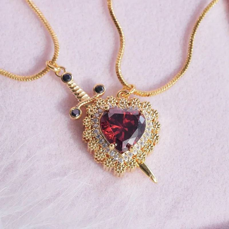 Gothic Punk One Arrow Through The Heart Creative Two Color Couple Necklace Red Rhinestone Heart Dagger Necklace Good Friend Gift Fashion Jewelry - Clothing Personality