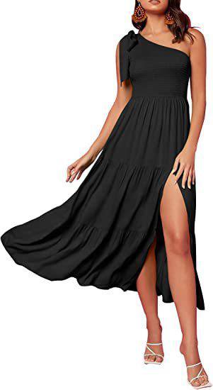 New Summer Fashion Women's One-shoulder Pleated Layered Hem Split Dress - Clothing Personality