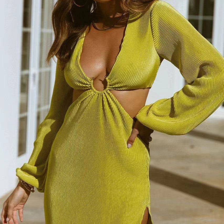 Women's Hollow Out Cut Out Waistless Long Sleeve Dress Fashion Pleated Women's Dresses - Clothing Personality