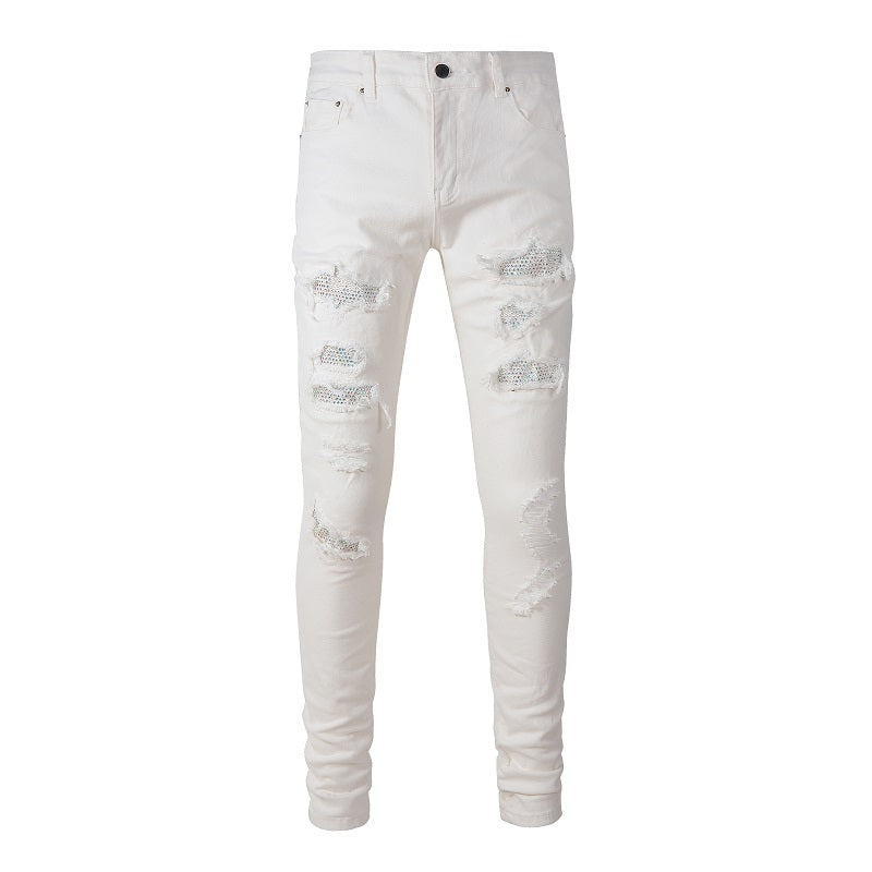 Hot Drill Patch Hole White Slim-fit Pants Male - Clothing Personality