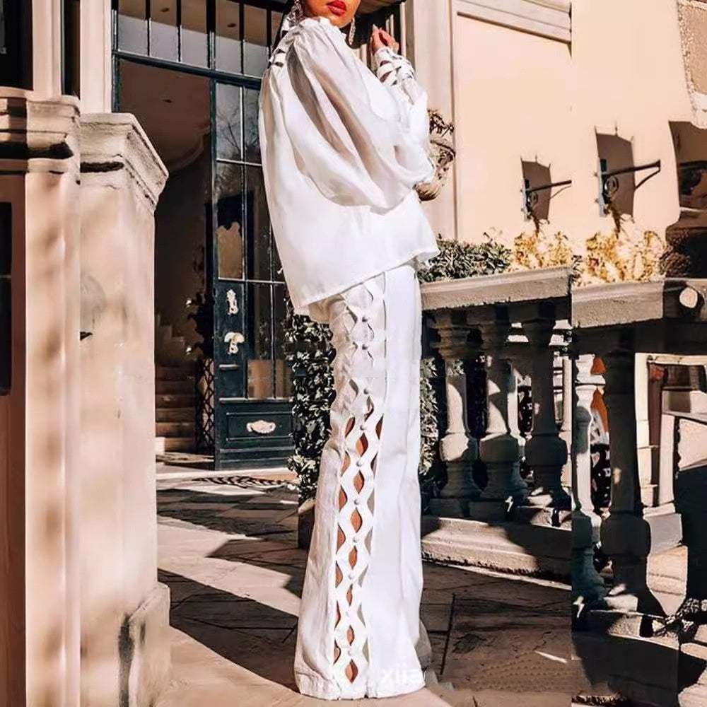 Women's Lattice Hollow Out All White Two-Piece Lace Shirt White Long Sleeve Solid Color Blouse And Pants - Clothing Personality