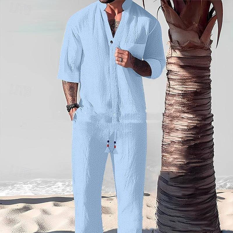 Men's Blue Cotton And Linen Matching Pants Set Outfit Set Short Sleeve Half Sleeve V-Neck Pants Suit Men for Spring Summer Clothing Personality