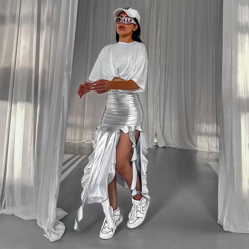 European And American Ribbon Tassel Reflective PU Fishtail Skirt Micro Elastic Irregular - Clothing Personality