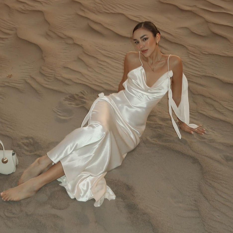 Backless Dress White Strappy Flower Decoration - Clothing Personality