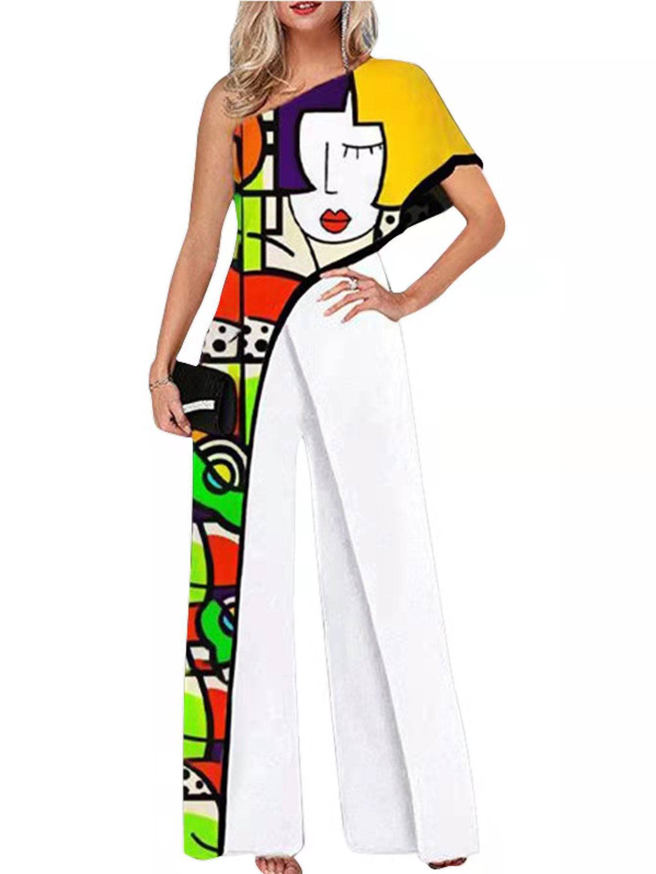 Women's Off Shoulder Printed One-Shoulder Short Sleeve Casual Wide Leg Pants - Clothing Personality
