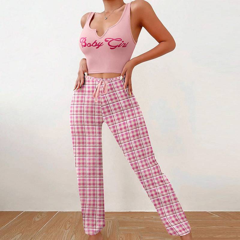 Spring Summer Women's Casual Pajamas Home Wear Vest Color Matching Plaid Trousers Letter Print Top Ladies 2 Pcs Home Clothes Sleepwear - Clothing Personality