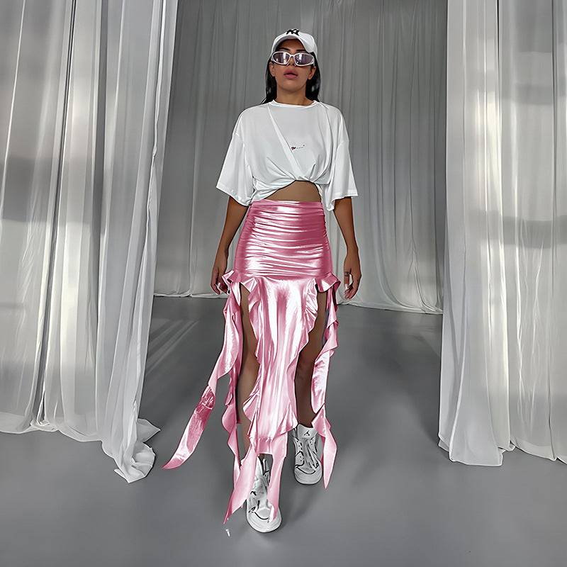 European And American Ribbon Tassel Reflective PU Fishtail Skirt Micro Elastic Irregular - Clothing Personality