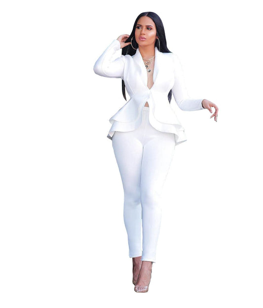 Women's Ruffled Blazer Modern Slim Fit Pants Suit Business Suit Pants Set with Blazer - Clothing Personality