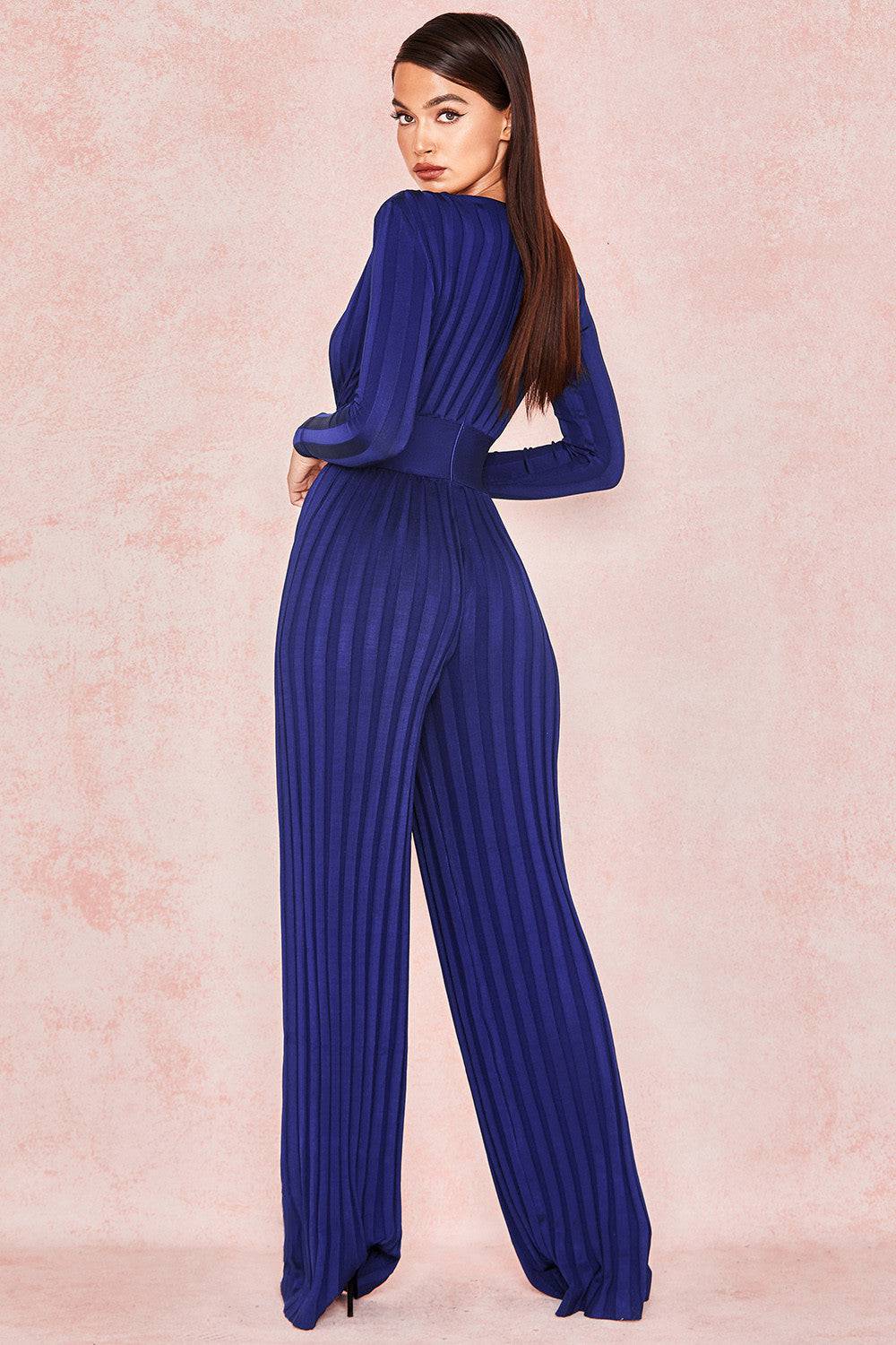Women's Plunging Neckline Sexy Long Sleeve Blue Dual Tone Striped Bandage Pants Jumpsuit - Clothing Personality
