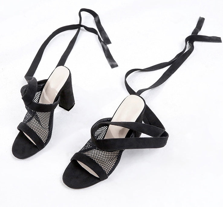 Women Sandals Bandage Flock Cross Strap Lace Up High Heels Sandal - Clothing Personality
