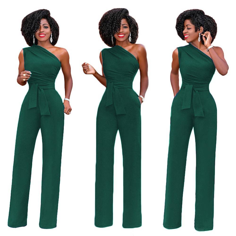 Women's Cute One-Shoulder Solid Color Green Slant Collar Button Up Jumpsuit Clothing Personality