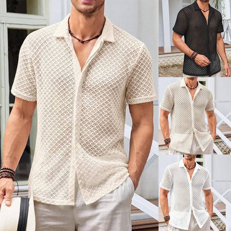 Men's Sheer Fashion Solid Color Polo Collar Shirt Short Sleeve Mesh Shirt Tops Men Clothing - Clothing Personality