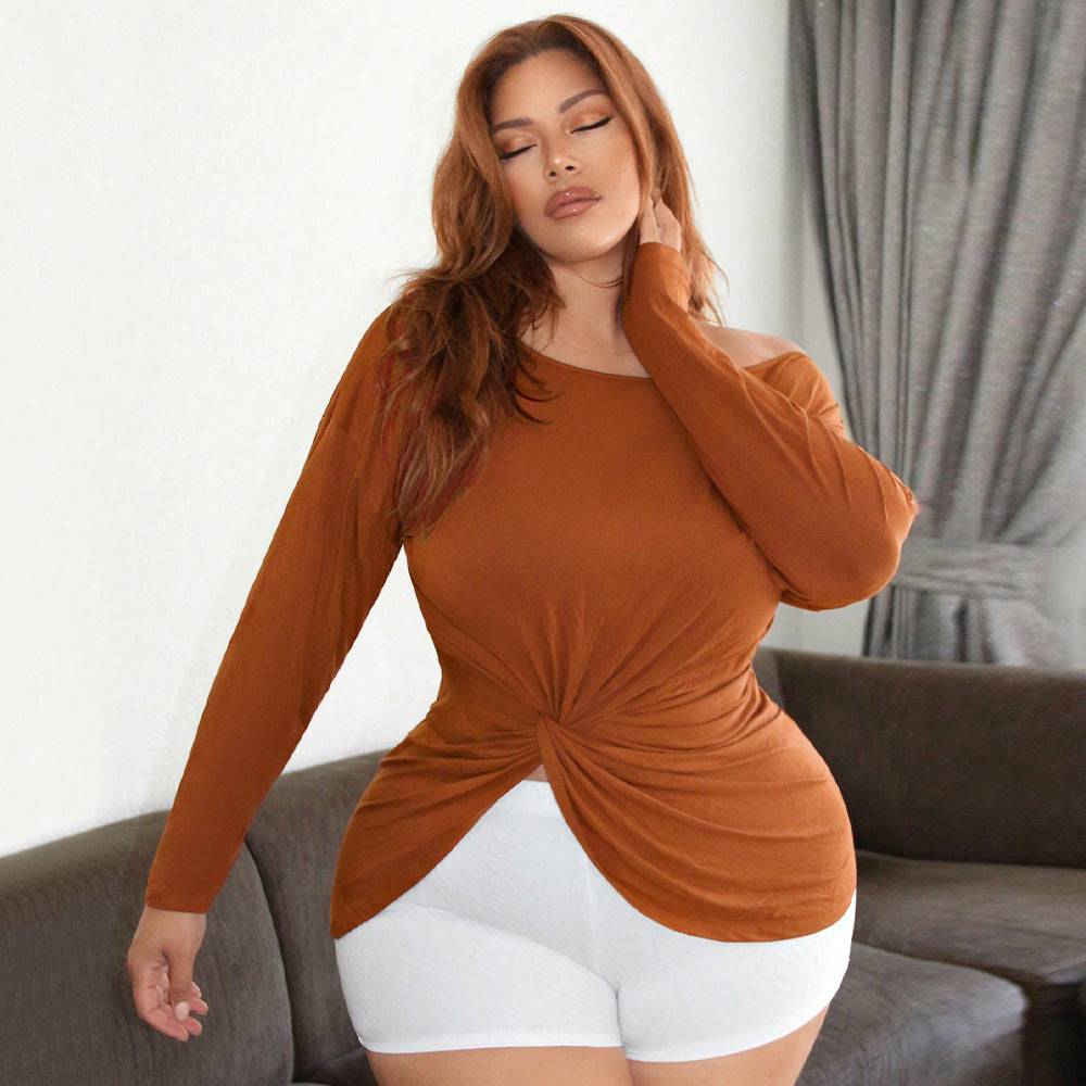 Plus Size Women's Breathable Long Sleeves T-shirt Off-the-shoulder Top - Clothing Personality