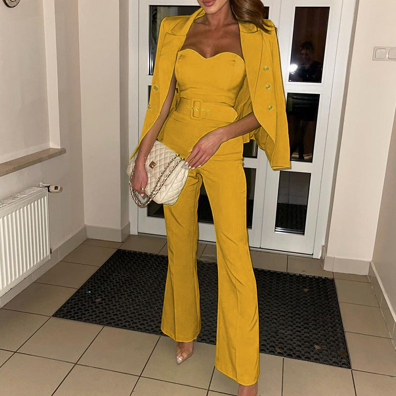 Women's Fashion Long Sleeve Small Suit Jumpsuit Two-piece Suit with Blazer - Clothing Personality