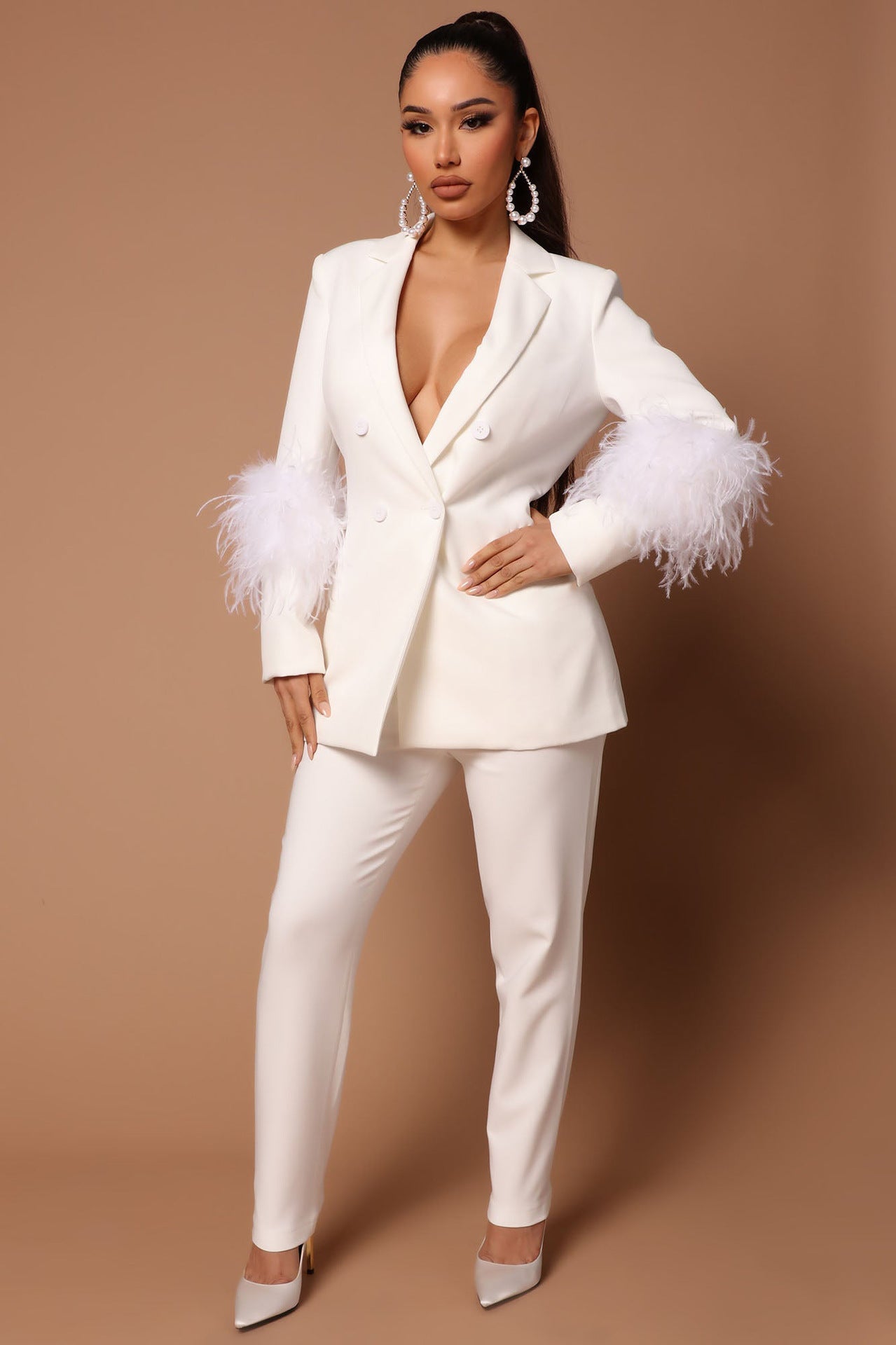 Women's Ostrich Fur Two-piece Lapel Pants Suit - Clothing Personality