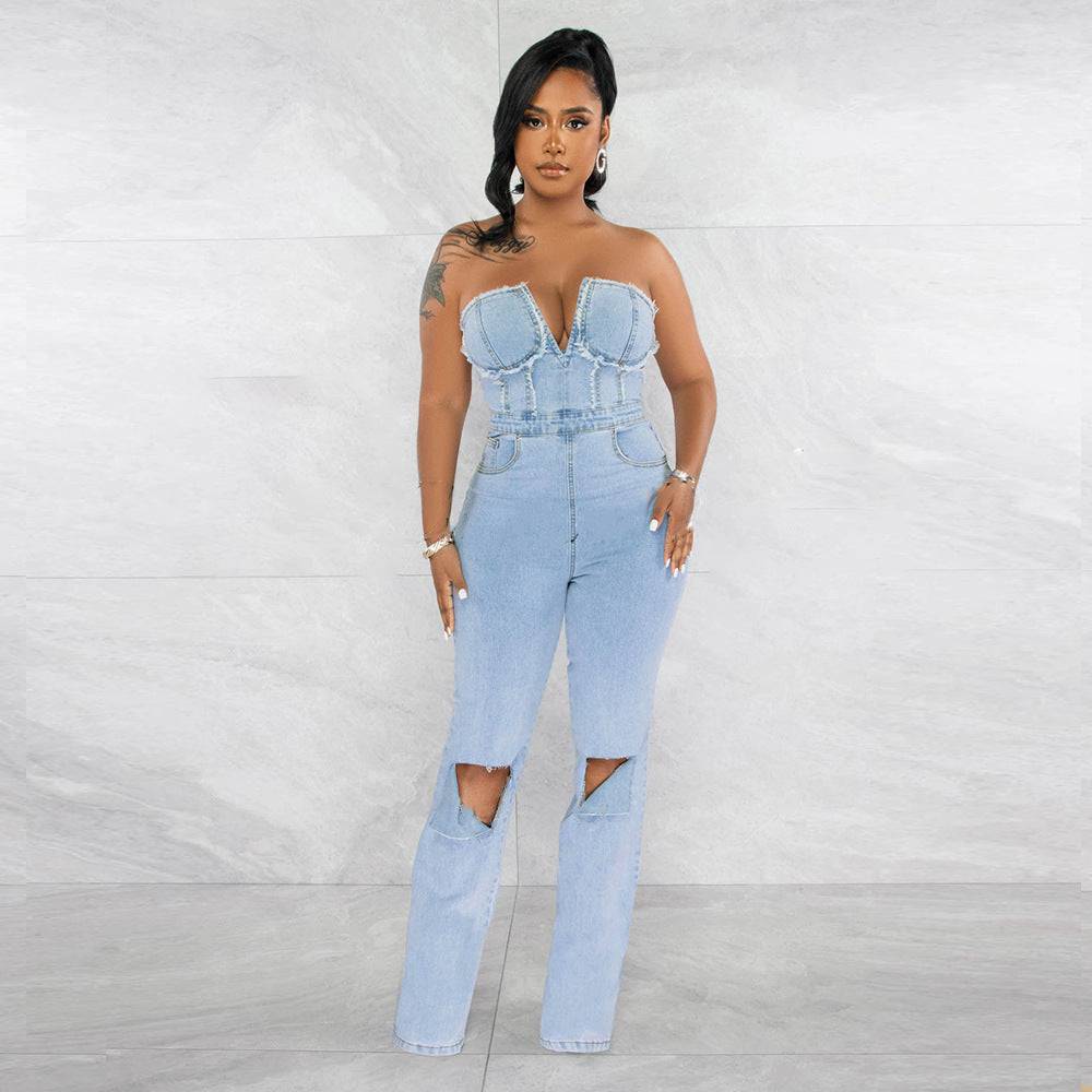 Women's V-Neck Denim With Hole Zip Pocket Jumpsuit - Clothing Personality