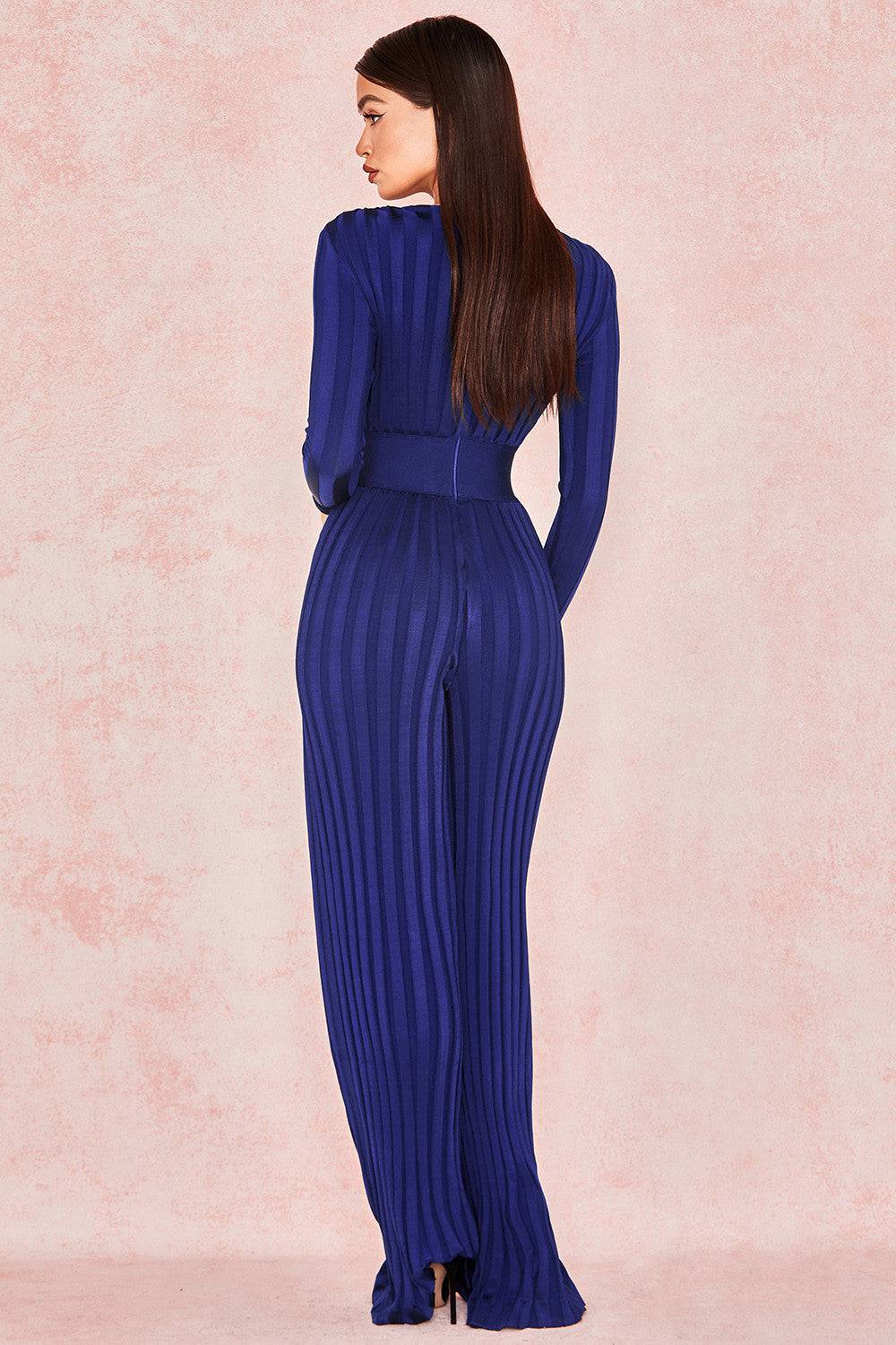 Women's Plunging Neckline Sexy Long Sleeve Blue Dual Tone Striped Bandage Pants Jumpsuit - Clothing Personality